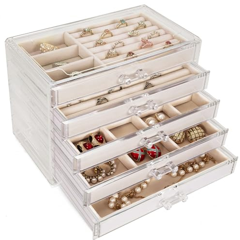 OUUTMEE Acryl Schmuckschatulle durchsichtig mit 5 Schubladen,Schmuckkästchen Samt Schmuckbox für Ringe, Ohrringe, Uhr, Armbänder und Halskette, Beige