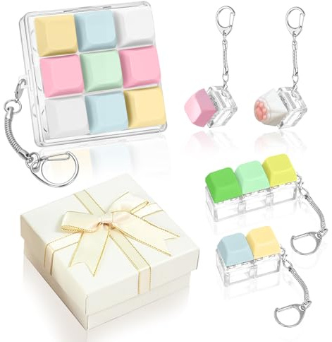 5 Pcs Keyboard Fidget Toy for Adults Kids, Funny Stress Relief Clicker Fidget Keychain with Gift Box, Portable Finger Decompression Keyring for Office School