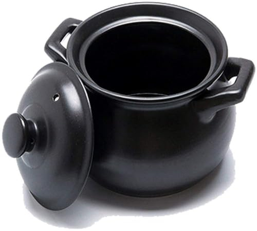 Marmite à soupe en grès avec couvercle, marmite de cuisine, soupière, bol en pierre, cocotte avec couvercle, marmite saine en céramique à double poignée, grès noir, 1 L