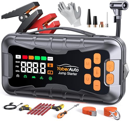 16-In-1 Avviatore Batteria Auto con Compressore 160PSI 8000A 27000mAh, Tutto Gas/14.0L Diesel Avviatore Emergenza per Auto/Moto 12V, YaberAuto Booster Avviamento Portatile Starter Batteria
