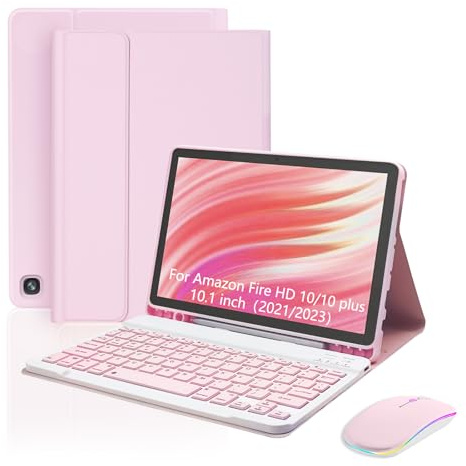 XCHYTECHER Keyboard Case and Mouse for Amazon Fire HD 10/10 Plus 2021/2023 10.1 inch (11/13th Gen),Rechargable Detachable Keyboard with Type-C Charging Port Cover for Tablet + Mouse (Pink)