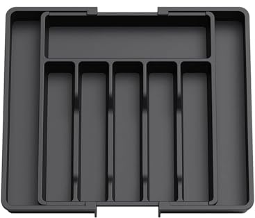 Extra Large Cutlery Drawer Organiser, Expandable Cutlery Tray for Kitchen, BPA Free Flatware and Utensil Holder, Ajustable Plastic Kitchen Storage 33-57x38 (Black)