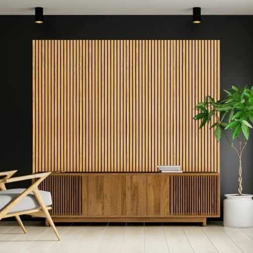 Aston Bs (4 Pack) Acoustic Wood Slat Wall Panels 120 x 60cm – Premium Sound Absorbing & Fire Retardant 3D Slat Wall Panels for Studio, Living Room, Home Cinema, Wall Decoration- Teak
