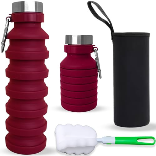 DARZWAY Botella de Agua Plegable de Silicona 300–550 ml con Cepillo de Limpieza y Funda Térmica de Neopreno – Ligera, Reutilizable y Sin BPA para Viajes, Senderismo y Actividades al Aire Libre.