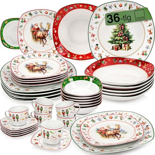 SÄNGER | Kombiservice Bilgola Weihnachtsgeschirr Weiß mit Weihnachtsmotiven, 36-tlgs Geschirrset für 6 Personen mit Speisetellern, Desserttellern, Müslischalen, Kaffeetassen & Untertassen und Suppen