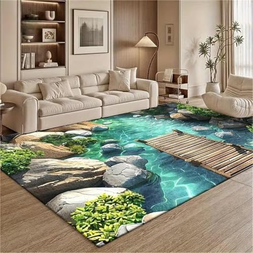 USHIRUG 3D-Illusion Teppich, 100x150cm, Moderne Naturlandschaft Kleine Brücke Fluss Stein Teppichmatte, Waschbarer Teppiche für Arbeitszimmer, Studentenwohnheim, Flur, Wohnzimmer Innendekoration
