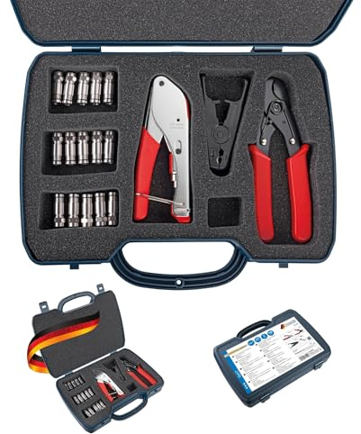 SCHWAIGER FVS315 261 F-Stecker Kompressionsstecker Montageset Werkzeugset SAT Kabel Koaxialkabel Montage Kompressionszange Kabelschere Abisolierwerkzeug 18 teilig