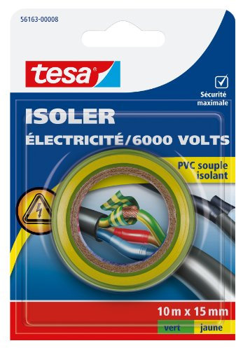 Tesa 56163-00008-00 - Cinta aislante (PVC, 6000 V, 10 m x 15 mm), color verde y amarillo