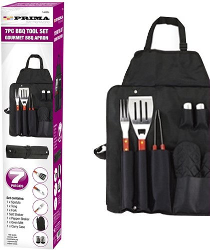 BARGAINS-GALORE NEW 7PC BBQ TOOL SET BARBECUE UTENSIL CAMPING STAINLESS STEEL APRON CUTLERY HOLDER FISHING | 7 PIECE BBQ APRON AND TOOL SET | STRONG QUALITY DURABLE LONG LASTING