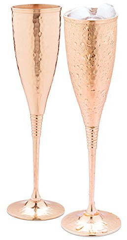 Mosscoff 10oz Copper Champagne Flutes Set of 2 - Deluxe Hammered Copper Champagne Glasses Each is Handcrafted and Lacquered to Prevent tarnishing.