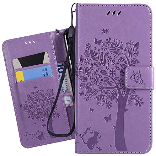 Ougger Etui pour Huawei P30 Etui Cuir Portefeuille Magnétique Protecteur Pochette Bumper Silicone Flip Cover Coque pour Huawei P30 avec Porte-Cartes Crédit, Chat & Arbre (Violet Clair)