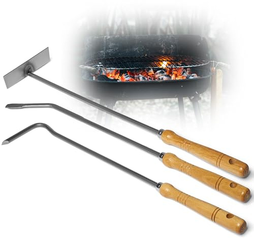 Kit d'accessoires de cheminée - Tisonnier, grattoir à cendres, crochet à feu avec manche en bois - Ustensiles de cheminée - Tisonnier - Crochet à tisonner - Grattoir à braises (1, tisonnier + grattoir