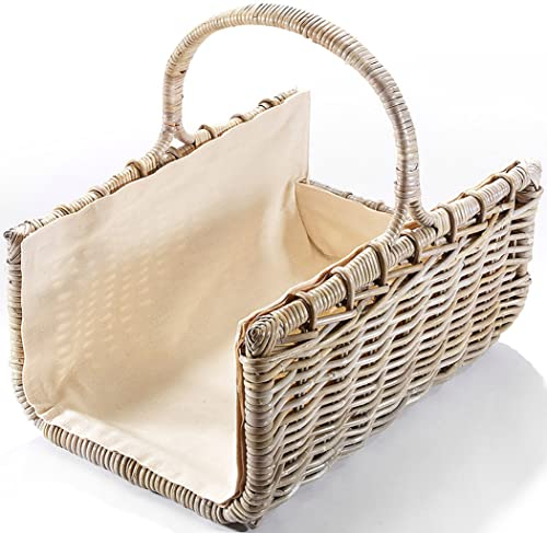 Kobolo Holztrage Holzkorb für Kaminholz eckig aus grauem Rattan mit Leinenfutter ausgestattet