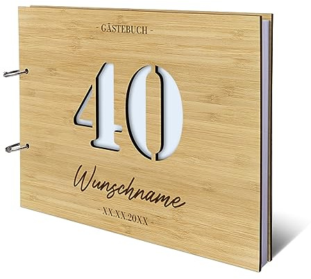 Personalisiertes Geburtstag Gästebuch Bambus Cover Naturpapier 72 Blätter | 144 Innenseiten DIN A4 quer 302 x 215 mm - 40 Jahre