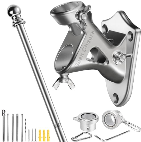 Geek Cheers Mât de drapeau en acier inoxydable robuste avec support de drapeau, 2 positions pour mât de drapeau de 2,5 cm, support mural pour drapeau de maison et break, antirouille argent avec foret