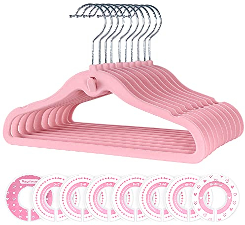 28-teilig Samt Kinderkleiderbügel Set, 20 Stück Kleiderbügel und 8 Stück Baby Kleiderschrank Teiler, Kinderbügel mit Extra-Haken, rutschfest, platzsparend, für Kleiderschrank Schrank Kleidung, Rosa