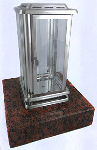 designgrab Farol para cementerio Royal de acero inoxidable con base de granito de granito Vanga, con cruz en la puerta de la lámpara, vasos de cristal transparente.
