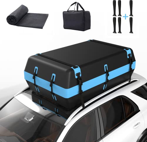 Rimoody Coffre de Toit de Voiture 21 Pieds Cubes Pliable 595L étanche sur Le Toit de Voiture avec/sans Porte-Bagages,pour Voyages Camping,avec Tapis antidérapant étanche à Fermeture éclair 6 Crochets