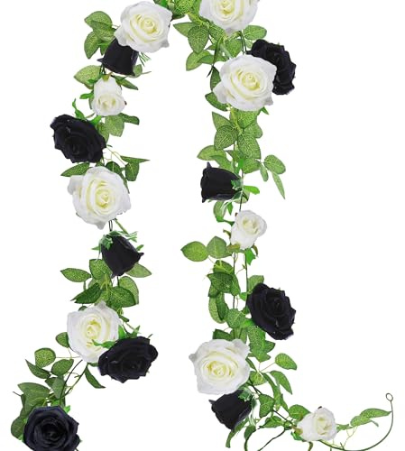 Greentime 2pcs Black White Artificial Rose Flower Garland 13 FT Minimalist Ins Valentine's Day Decor Fake Rose Vine Gift for Lovers Home Wedding Arch Table Wall Party Decoration