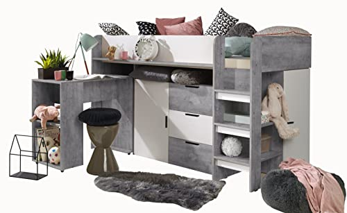 MEBLE KRYSPOL KONKRET 1 Hochbett für Kinder, Jugendliche mit Stauraum - Etagenbett mit Schreibtisch, Schrank, Regal, Schubladen, Treppe - 203,3x106,6x125 cm - Beton, Weiß mat, Schwarz