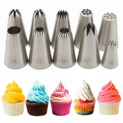 XOPOZON 10 Pack Large Piping Nozzles Tips Set, 7 Pack Cake Piping Nozzles and 3 Pack Grass Stainless Steel Cake Decorating Tools for Baking DIY Cream Cake Cupcake, Silver (ZON-UK018)