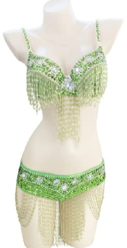 JRUIA Fransen Bauchtänzerin Kostüme Für Damen Karnevals Performance Tanz Outfits Bauchtanz BH Und Gürtel Bauchtanz 2 Teiliges Set,Grün,S