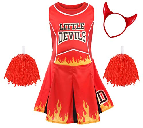 Halloween-Cheerleader-Set für Mädchen, groß, enthält ein rotes und schwarzes Cheerleader-Kleid mit Flammen-Design, roten Pompons und roten Teufelshörnern