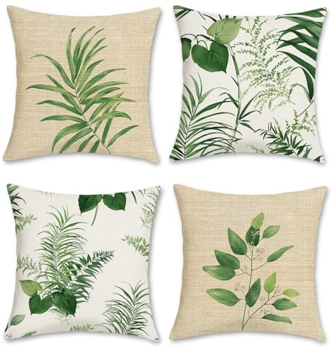 Bonhause 4er Set Kissenbezüge Blätter 45 x 45 cm Grün Pflanze Botanisch Dekorative Kissenhülle Zierkissenbezüge für Sofa Schlafzimmer Wohnzimmer Zuhause Dekoration