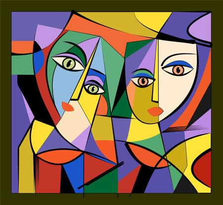 adrium Acryl-Bild 110 x 100 cm: Bunter Hintergrund, Kubismus-Kunststil, abstrakte Gesichter (196943844)