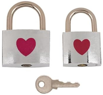 Lucchetto Amore Argento con Cuore Rosso (Set 2 lucchetti). Lucchetti dell'amore con 1 chiave. San Valentino (Due Lucchetti Argento - 1 Chiave)
