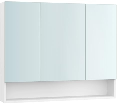 VASAGLE Kailyn Kollektion - Badezimmerschrank mit 3 Türen, Spiegelschrank, Badschrank, offenes Fach, verstellbare Ablagen, 16,5 x 90 x 75 cm, wolkenweiß BBK130W01