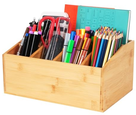 MUUKAIII 6 Fächer Schreibtisch-Organisator aus Bambus - Stiftebox, Schreibtischablage - Büro-Organisation,Stiftehalter aus Bambus für Schreibtisch,Multifunktionale Aufbewahrung von Schreibwaren