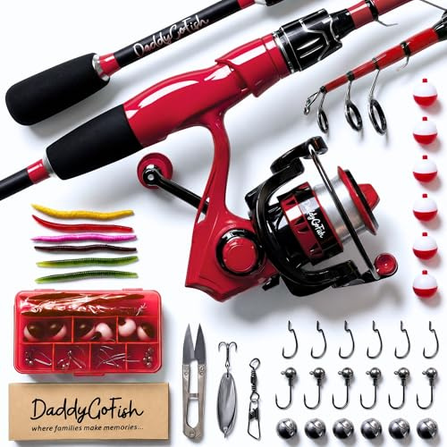 DaddyGoFish spinnfiske spö och rulle kombo set med tackellbox | fiskespö | kolfiber teleskopiskt fiskespö kit | spinnrulle för resor saltvatten sötvattenfiske utrustning kit