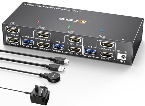 YOUTINGHDAV KVM Switch 2 Monitors 3 Computers HDMI, USB 3.0 KVM Switch Dual Monitor 4K@60Hz EDID Emulator for 3 Computers Share Mouse Keyboard, with Wired Remote