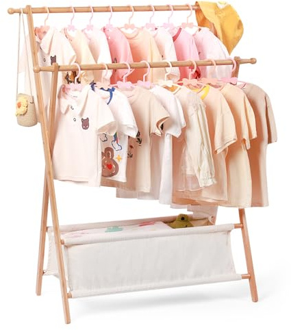 Relquorax Appendiabiti per bambini in bambù con due aste, organizer per vestiti, piccolo appendiabiti con contenitore, perfetto per costumi e accessori (colore naturale)