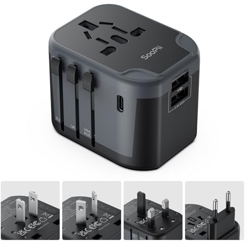 SooPii Adattatore da viaggio universale,convertitore di potenza con 1 porta USB-C e 2 porte USB-A, adattatore da viaggio 4 in 1 e caricabatteria da muro per UE, USA, Regno Unito, AU, Asia ecc. (nero)