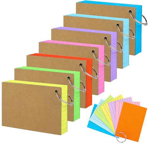 700 ark färgade indexkort med ringar – A7-storlek dubbelsidiga linjerade och tomma indexkort fodrade anteckningskort för skola kontorsmaterial, 150 GSM, 7 färger PAP06A7MX1