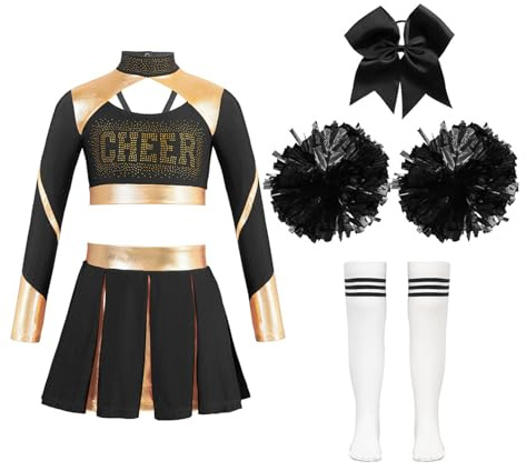 ranrann Enfant Fille Uniforme de Pompom Girl Déguisement Costume Carnaval Ensemble Tenue Strass Métallique Halloween Fête Spectacle Noir 11-12 ans