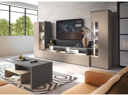 Wohnzimmer Set 3-teilig in beige mit anthrazit Wohnwand Couchtisch Vitrine
