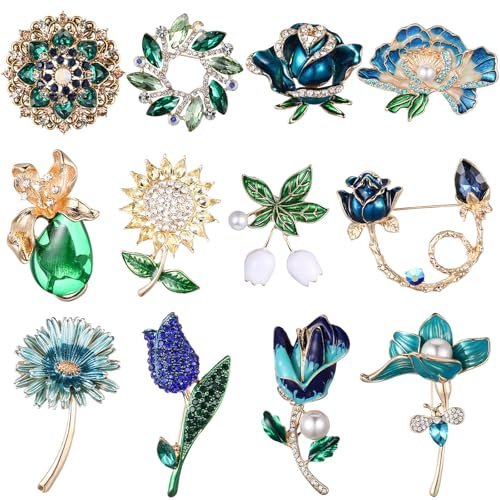 Junkin 12 Pcs Women Brooches Bulk Set Rhinestone Pin Crystal Vintage Brooch Retro Pin Mother's Day Gifts for Women Girls(Flower)