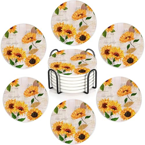 Vintage Sunflower Set of 6 Coasters Absorbent Ceramic Drink Mats with Cork Base & Metal Holder, Spill Protectors for Mugs/Cups, Cheerful Home/Bar Decor