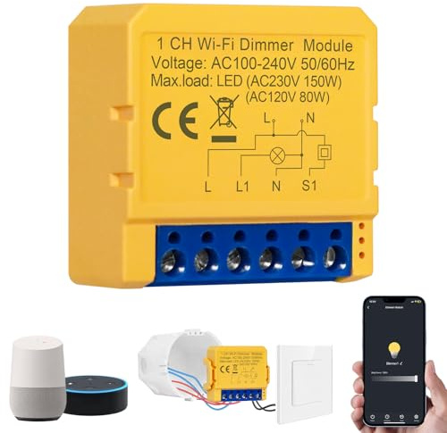 Variateur d'intensité 1 voie, variateur Wi-Fi intelligent, commande vocale/minuterie, pas de conducteur neutre nécessaire, contrôleur Wi-Fi pour bandes LED, compatible avec Alexa & Google Home