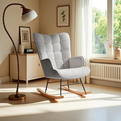 Aneutr Schaukelstuhl, skandinavisch, Schaukelstuhl mit Armlehnen, Oberfläche aus Plüschstoff, Lesesessel, ergonomisch, für Schlafzimmer, Wohnzimmer, Balkon (Steppung hellgrau)