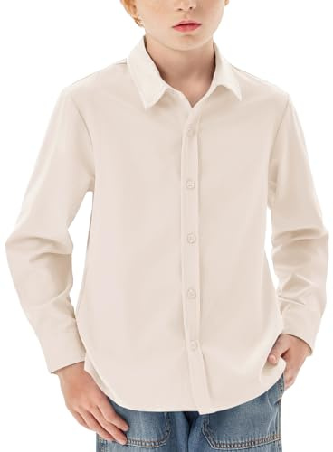 Haloumoning Camisa de manga larga para niño, con botones, corte regular, informal, informal, fiesta, camisas, monocolor, fácil de planchar, uniforme escolar formal