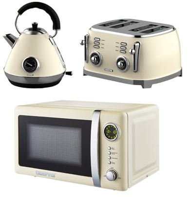 GEEPAS Retrovive 1.7L Electric Kettle, 4 Slice Bread Toaster & 20 Litre 700W Digital Freestanding Microwave Oven Kitchen Combo Set | 3000W Vintage Cordless Kettle | Defrost/Reheat/Cancel 1500W | Cream