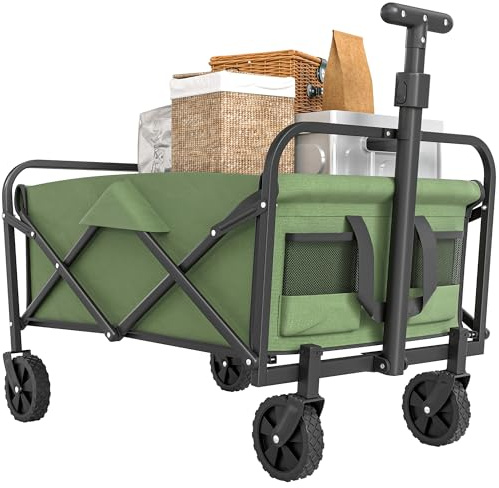 Outsunny 93L Festival Trolley on Wheels, Garden Folding Trolley Cart, 120kg Heavy Duty Collapsible Folding Wagon with Adjustable Handle and Carrying Bag for Beach, Camping, Festival, Green