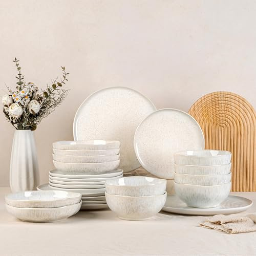 GBhome Steingut Geschirrset 6 Personen, 24-tlg Reaktive Glasur Handarbeit Geschirr Set, Mikrowellen- & Spülmaschinenfest Schüssel- und Teller Set, Beige