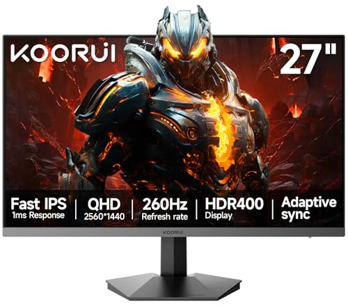 KOORUI 【Moniteur de Jeu IPS de 27 Pouces, QHD, 260 Hz, 1 ms, écran Plat pour PC, HDR400, 99% sRGB, Ports HDMI/DP, Couleur Noire - Idéal pour Le Jeu compétitif et Le télétravail