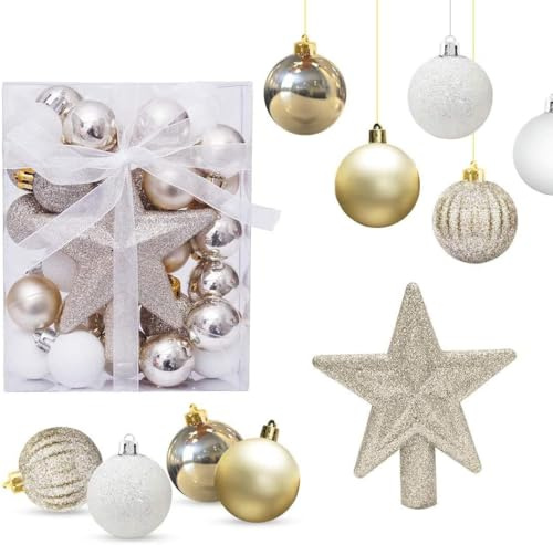 30 Stück Mini Weihnachtskugeln Set,3CM Klein Christbaumkugeln mit Aufhänger Weihnachtsdeko,Weihnachtskugeln Kunststoff Set mit Weihnachtssterne Baumspitze für Weihnachtsbaum Deko(Gold & Weiß)
