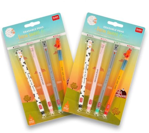 LEGAMI - Farmset Doppelpack zweimal 4er Set Gel Gelschreiber Farm Sweet Farm Stifte, mit hitzeempfindlicher, radierbarer Tinte, schwarz, rosa, grün, rot, radierbar, 0,7 mm Spitze